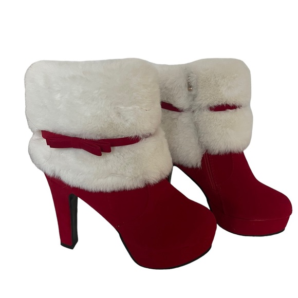 Red Women's Winter Fur Ankle Boots Fur Chunky High Heel Santa Booties 10.5 - Picture 12 of 14